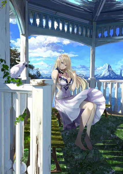 Anime picture 902x1274 with original mikipuruun no naegi single long hair tall image looking at viewer breasts blue eyes blonde hair sitting sky cloud (clouds) barefoot pointy ears bare legs victory mountain girl dress animal