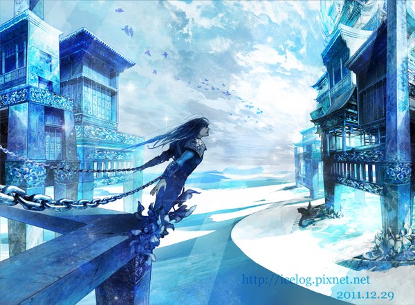 Anime picture 1680x1237 with original icelog long hair blue hair sky cloud (clouds) landscape boy plant (plants) animal bird (birds) building (buildings) chain house shackles