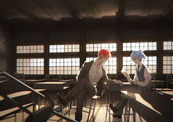 Anime picture 2456x1736 with ansatsu kyoushitsu shiota nagisa akabane karma uwro highres short hair blue eyes sitting twintails yellow eyes blue hair red hair profile multiple boys leaning crossed legs short twintails open collar boy uniform