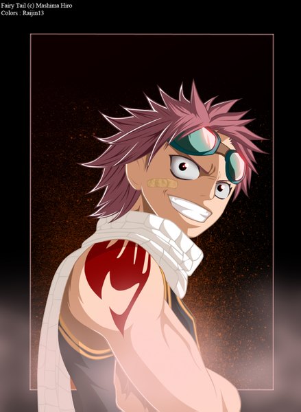 Anime picture 1024x1399 with fairy tail natsu dragneel raijin13 single tall image short hair smile red eyes pink hair tattoo sleeveless coloring muscle framed boy scarf goggles