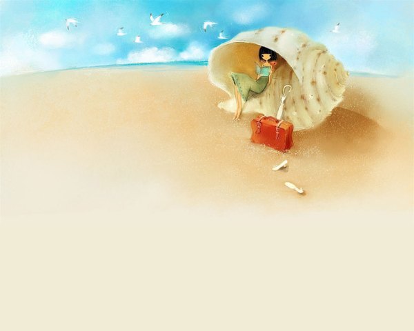 Anime picture 1280x1024 with mizzi (artist) barefoot no shoes beach girl animal shoes bird (birds) book (books) umbrella bag seashell
