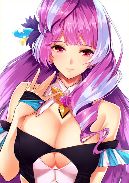 Anime picture 1414x2000 with macross macross delta mikumo guynemer anza tomo single long hair tall image looking at viewer blush fringe light erotic simple background white background bare shoulders cleavage purple hair silver hair upper body blunt bangs nail polish