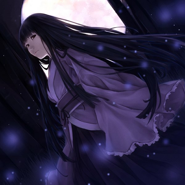 Anime picture 800x800 with touhou houraisan kaguya kanden single long hair looking at viewer fringe black hair standing brown eyes long sleeves traditional clothes wide sleeves girl insect moon obi full moon fireflies