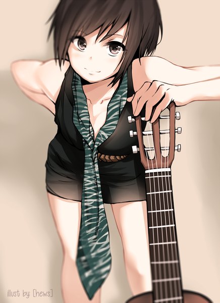Anime picture 920x1265 with original hews single tall image looking at viewer short hair black hair black eyes girl necktie guitar