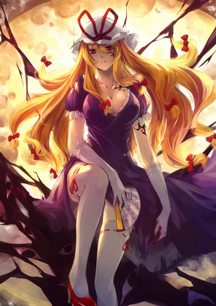 Anime picture 1578x2232 with touhou yakumo yukari kalalasan single long hair tall image looking at viewer breasts light erotic blonde hair red eyes large breasts sitting cleavage tattoo high heels torn clothes gap girl dress