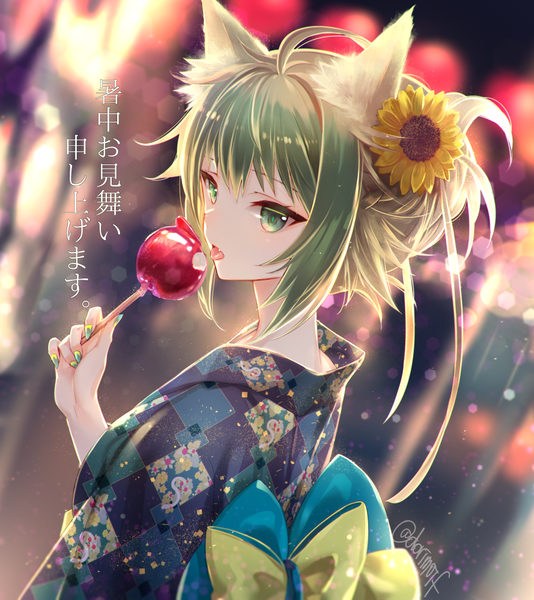 Anime picture 889x1000 with fate (series) fate/grand order fate/apocrypha atalanta (fate) miyuki ruria single long hair tall image fringe hair between eyes green eyes animal ears looking away upper body ahoge nail polish traditional clothes japanese clothes hair flower green hair