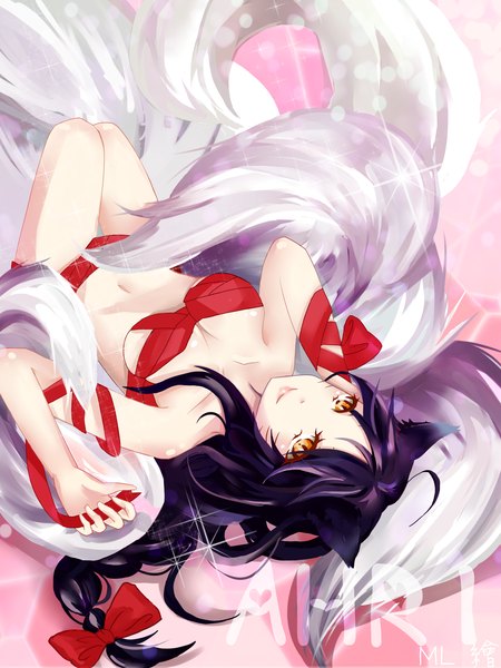 Anime picture 1181x1575 with league of legends ahri (league of legends) hyoseiml single long hair tall image breasts light erotic smile bare shoulders animal ears purple hair tail braid (braids) animal tail orange eyes fox ears facial mark fox tail multiple tails