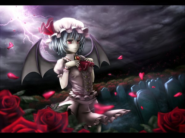 Anime picture 1000x748 with touhou remilia scarlet houd (vacson) single short hair red eyes silver hair lightning girl dress flower (flowers) petals wings bonnet tombstone