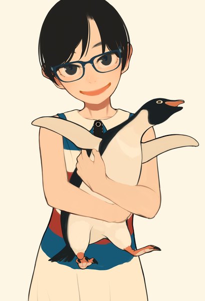 Anime picture 1419x2080 with original hieda yawe single tall image looking at viewer short hair open mouth black hair simple background smile holding grey eyes sleeveless girl dress animal glasses bird (birds) penguin