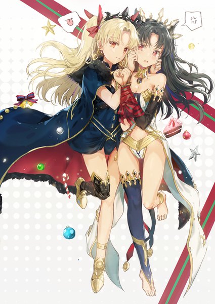 Anime picture 740x1045 with fate (series) fate/grand order toosaka rin ishtar (fate) ereshkigal (fate) dangmill long hair tall image blush open mouth light erotic black hair blonde hair red eyes multiple girls cleavage full body bare belly two side up floating hair