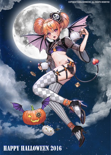 Anime picture 700x977 with original honnou (kjs9504) single tall image looking at viewer fringe open mouth light erotic smile cloud (clouds) full body bent knee (knees) tail pink eyes orange hair no bra bare belly hair bun (hair buns) high heels thighs
