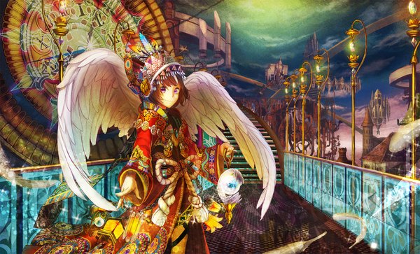Anime picture 2000x1212 with original izuna (artist) single looking at viewer highres short hair brown hair wide image purple eyes traditional clothes girl hair ornament bow wings feather (feathers) clock