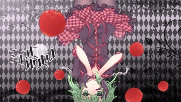 Anime picture 1200x675 with vocaloid gumi yayoi (egoistic realism) single short hair smile wide image green eyes green hair upside down girl gloves apple