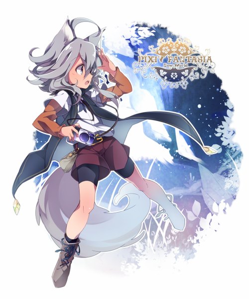 Anime picture 1125x1350 with original pixiv fantasia pixiv fantasia new world umiko (munemiu) single tall image short hair open mouth blue eyes animal ears ahoge animal tail grey hair inscription girl shorts camera