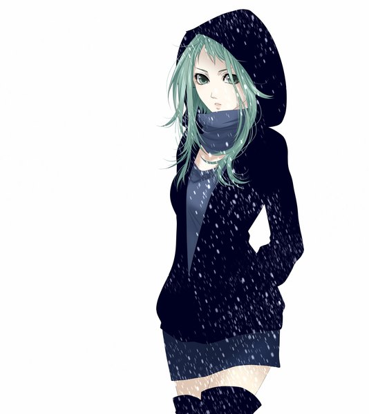 Anime picture 1300x1462 with vocaloid gumi naoto single long hair tall image simple background white background green eyes green hair snowing pale skin girl dress jacket scarf hood short dress