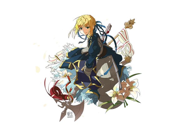 Anime picture 1422x1067 with fate (series) fate/stay night studio deen type-moon artoria pendragon (all) saber blonde hair simple background white background sitting green eyes ahoge flower (flowers) ribbon (ribbons) gauntlets lily (flower) polearm stare