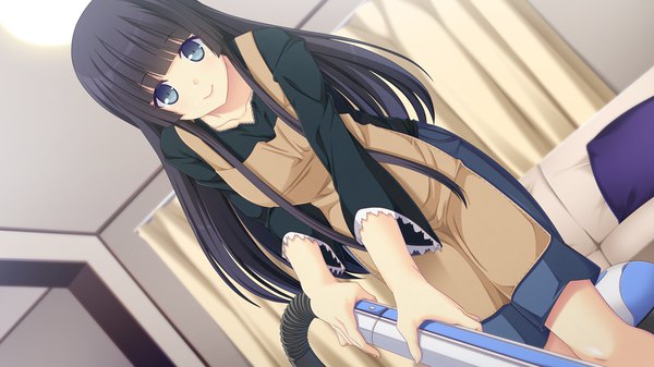Anime picture 1280x720 with kanojo step kisaragi noe single long hair blush blue eyes black hair smile wide image game cg girl apron