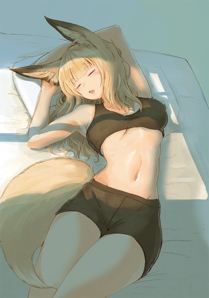 Anime picture 728x1035 with original batta (kanzume quality) single long hair tall image blush fringe breasts open mouth light erotic blonde hair bare shoulders animal ears tail lying blunt bangs head tilt animal tail no bra bare belly