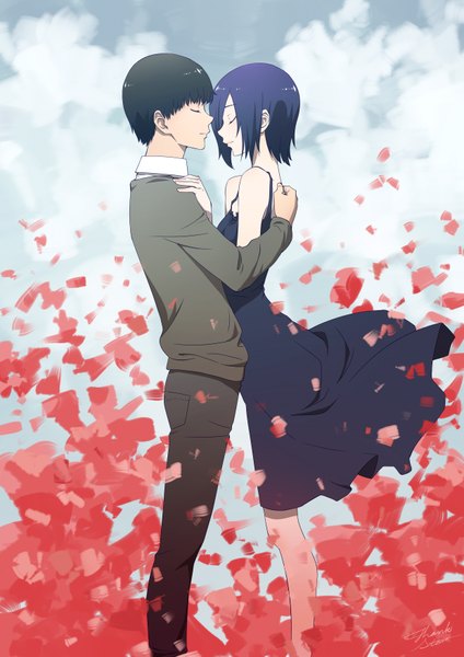 Anime picture 2480x3507 with tokyo ghoul studio pierrot kaneki ken kirishima touka daye bie qia lian tall image fringe highres short hair black hair blue hair eyes closed couple hug girl dress boy black dress