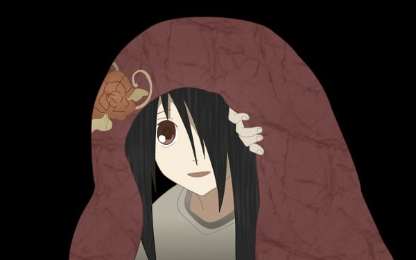 Anime picture 1440x900 with sayonara zetsubou sensei shaft (studio) komori kiri single long hair looking at viewer fringe open mouth black hair wide image brown eyes payot hair over one eye black background vector under covers girl sweater blanket