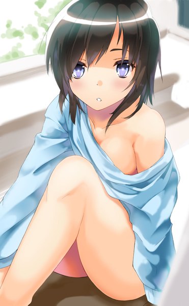 Anime picture 1000x1616 with original akagi asahito single tall image looking at viewer short hair open mouth blue eyes light erotic black hair sitting shadow girl clothes