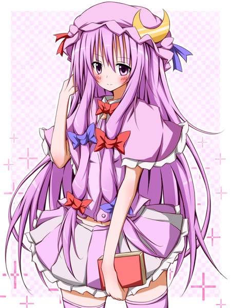 Anime picture 1050x1400 with touhou patchouli knowledge karamoneeze long hair tall image blush purple eyes purple hair crescent girl dress bow hair bow book (books) bonnet