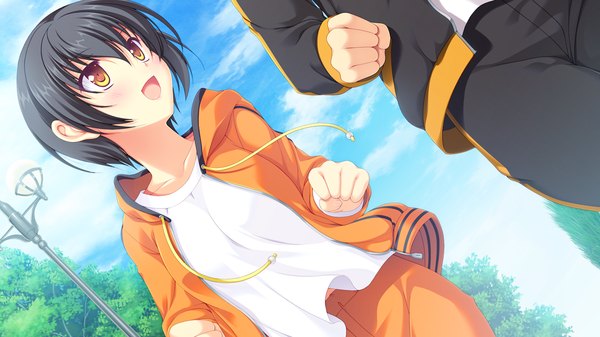 Anime picture 1280x720 with melty moment ogishima kagami blush short hair open mouth black hair wide image yellow eyes game cg cloud (clouds) running girl uniform gym uniform
