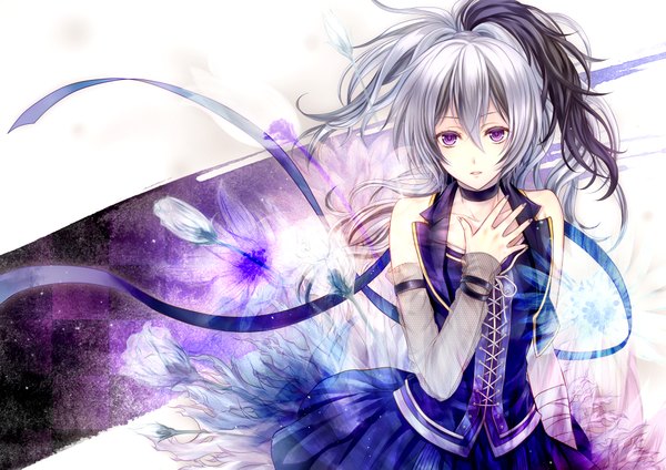 Anime picture 4093x2894 with vocaloid flower (vocaloid) hitoha single long hair looking at viewer fringe highres open mouth black hair purple eyes twintails bare shoulders absurdres pleated skirt multicolored hair grey hair two-tone hair lacing girl