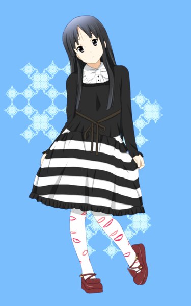 Anime picture 1200x1920 with k-on! kyoto animation akiyama mio yunotimo (artist) single long hair tall image black hair black eyes blue background striped girl dress
