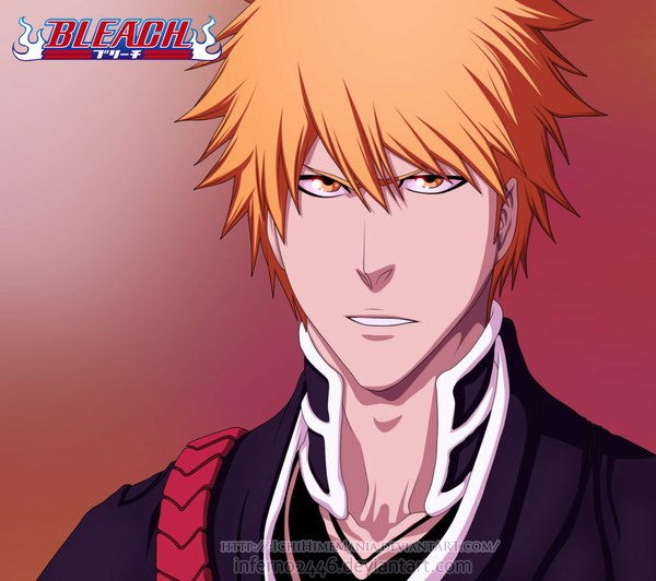 Anime picture 1024x909 with bleach studio pierrot kurosaki ichigo ichihimemania single short hair simple background japanese clothes orange hair inscription orange eyes coloring portrait pink background face boy kimono