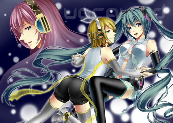 Anime picture 1546x1104 with vocaloid hatsune miku megurine luka kagamine rin hinase kanoto long hair short hair open mouth blue eyes blonde hair twintails multiple girls green eyes pink hair green hair girl thighhighs ribbon (ribbons) shorts headphones