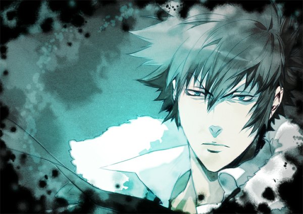 Anime picture 1000x707 with psycho-pass production i.g kougami shin'ya single looking at viewer short hair blue eyes black hair wind open collar angry boy