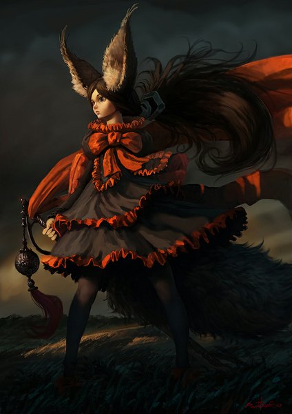 Anime picture 707x1000 with blade & soul lyn (blade & soul) darktone408 single tall image brown hair standing holding brown eyes signed animal ears looking away sky ponytail tail very long hair animal tail wind lips cat ears