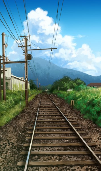 Anime picture 902x1517 with original mogumo tall image sky cloud (clouds) mountain no people landscape plant (plants) tree (trees) grass wire (wires) railways