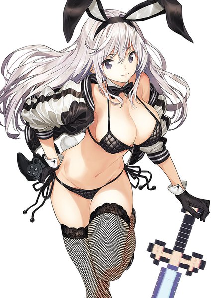 Anime picture 744x1052 with original saitom single long hair tall image fringe breasts light erotic simple background smile hair between eyes large breasts white background purple eyes animal ears looking away silver hair leaning leaning forward hand on hip