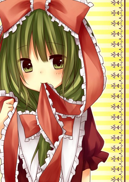 Anime picture 1000x1412 with touhou kagiyama hina amane kurumi single long hair tall image blush holding green eyes looking away green hair mouth hold striped striped background ribbon in mouth girl ribbon (ribbons) hair ribbon frills