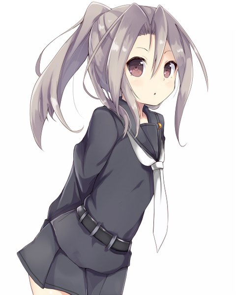 Anime picture 1024x1280 with kantai collection zuihou light aircraft carrier fumizuki destroyer amano kouki single long hair tall image looking at viewer blush open mouth simple background white background purple eyes purple hair ponytail hands behind back cosplay fumizuki (kantai collection) (cosplay) girl uniform