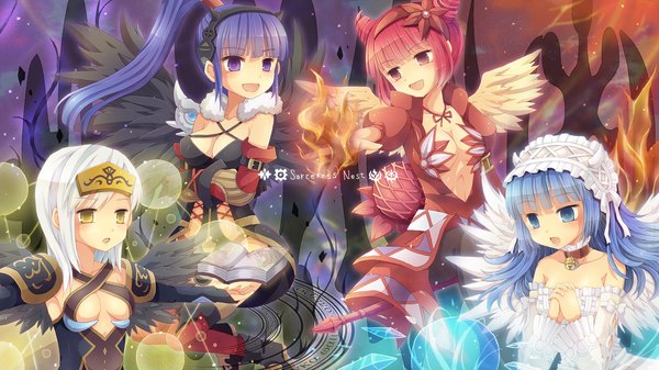 Anime picture 1280x720 with dragon nest at (artist) long hair short hair open mouth blue eyes red eyes wide image purple eyes multiple girls yellow eyes blue hair white hair red hair magic angel wings black wings girl dress wings