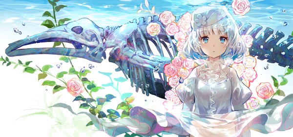 Anime picture 1912x897 with original fuzichoco single looking at viewer fringe highres short hair blue eyes wide image standing white hair shadow tears underwater skeleton girl dress navel flower (flowers) plant (plants)