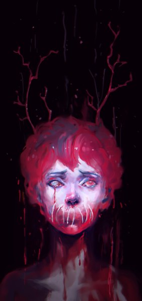 Anime picture 600x1272 with original single tall image short hair simple background red hair horn (horns) tears black background creepy boy blood