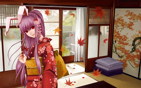 Anime picture 1600x1000 with touhou reisen udongein inaba yuuka nonoko long hair red eyes wide image purple hair japanese clothes bunny ears bunny girl girl kimono leaf (leaves) autumn leaves