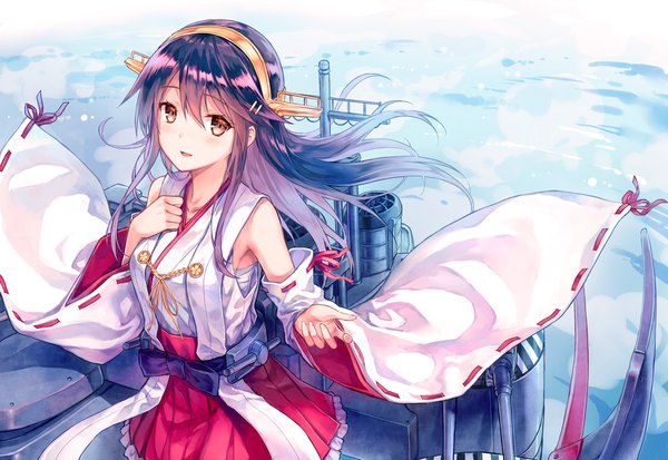 Anime picture 1200x826 with kantai collection haruna battleship hiten (hitenkei) single long hair looking at viewer blush fringe black hair smile hair between eyes brown eyes bent knee (knees) traditional clothes parted lips japanese clothes pleated skirt wind wide sleeves hand on chest