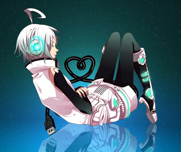 Anime picture 2190x1841 with vocaloid utatane piko tagme (artist) single highres short hair bare shoulders ahoge eyes closed nail polish profile grey hair reflection crossed arms reclining aqua nail polish boy detached sleeves headphones wire (wires)