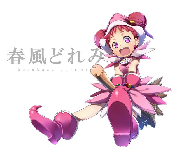 Anime picture 1100x1000 with ojamajo doremi harukaze doremi yuuzii single looking at viewer blush fringe short hair open mouth simple background white background pink hair pink eyes hair bun (hair buns) character names magical girl broom riding girl gloves earrings