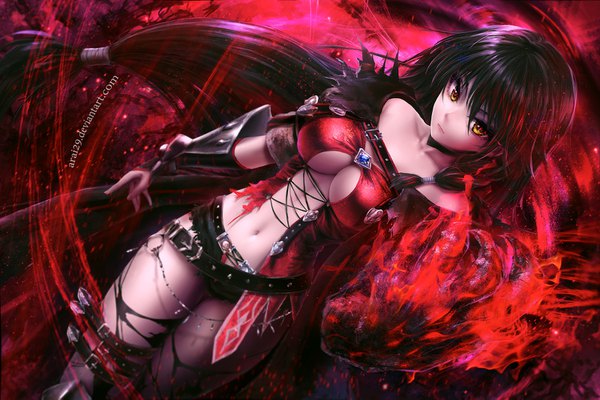 Anime picture 1600x1067 with tales of (series) tales of berseria velvet crowe banana nagi (arai29) single long hair looking at viewer fringe breasts light erotic hair between eyes large breasts bare shoulders yellow eyes dutch angle torn clothes magic serious mechanical arms girl