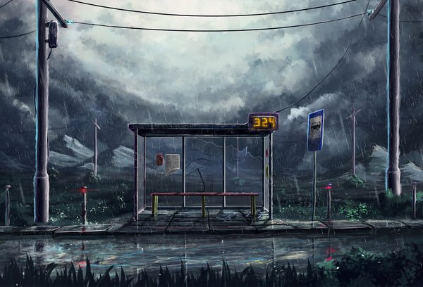 Anime picture 2000x1361 with original sylar113 highres cloud (clouds) outdoors rain mountain no people landscape plant (plants) grass wire (wires) power lines road traffic sign bus stop
