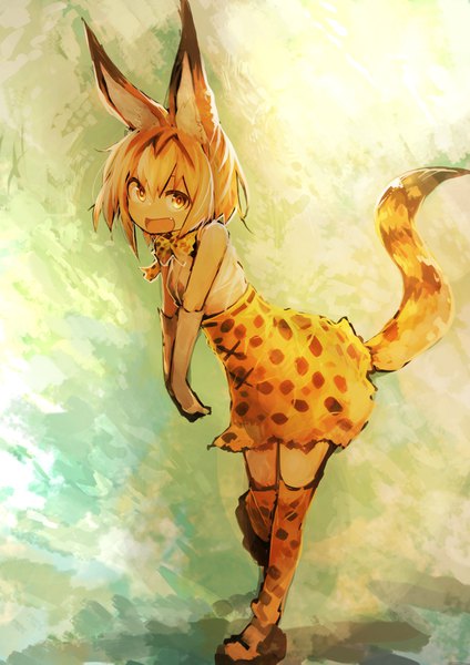 Anime picture 2894x4093 with kemono friends serval (kemono friends) kamindani single tall image looking at viewer blush fringe highres short hair breasts open mouth blonde hair smile hair between eyes white background bare shoulders brown eyes animal ears tail