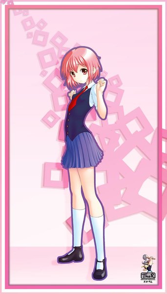 Anime picture 600x1050 with evilflesh (artist) single tall image looking at viewer short hair pink hair pink eyes girl uniform school uniform socks necktie white socks