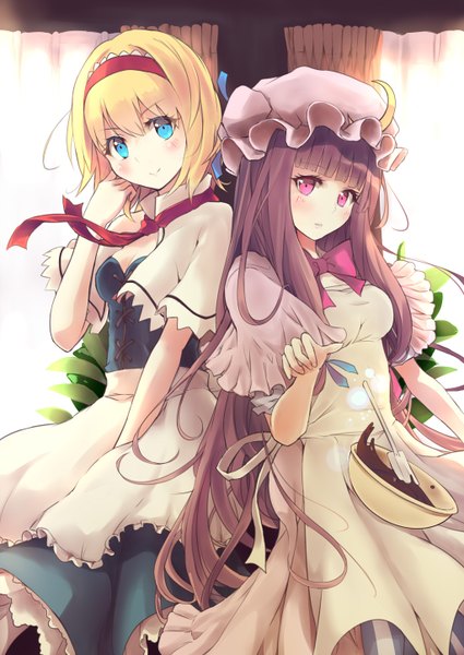 Anime picture 1024x1446 with touhou patchouli knowledge alice margatroid culter long hair tall image looking at viewer short hair blue eyes blonde hair smile brown hair multiple girls pink eyes back to back crescent cooking girl dress bow