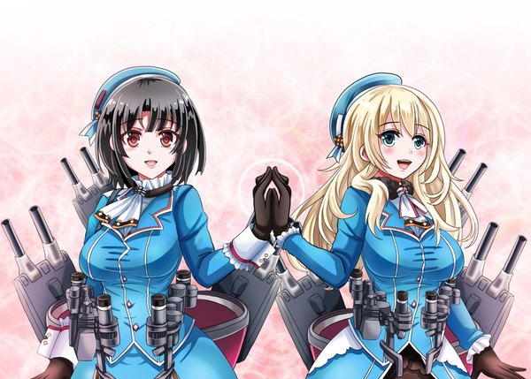 Anime picture 2070x1482 with kantai collection atago heavy cruiser takao heavy cruiser tk8d32 long hair blush highres short hair open mouth blue eyes black hair blonde hair smile red eyes multiple girls girl dress gloves weapon 2 girls